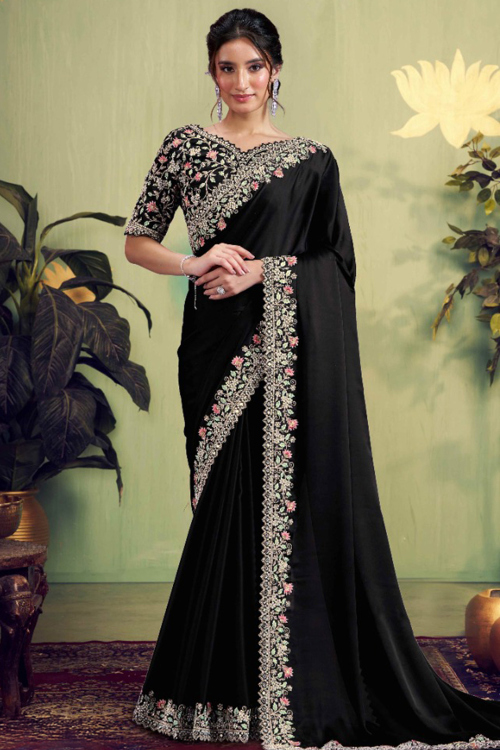 Black Satin Shimmer Saree With Mirror Work For Festival