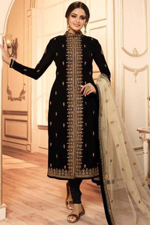 Black Satin Silk Churidar Suit With Resham Work