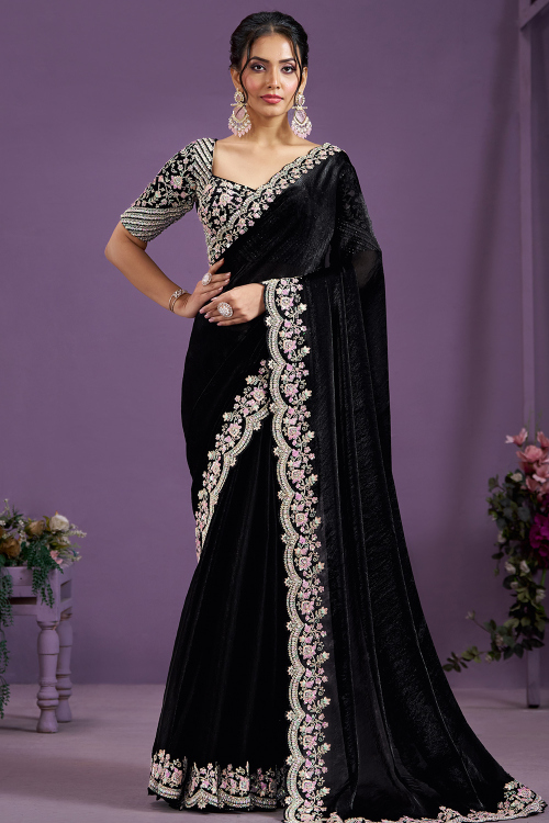 Black Satin Silk Dori Embroidered Light Weight Saree