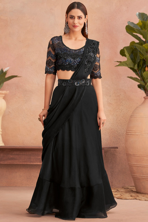 Black Satin Silk Embroidered Lehenga Style Saree 