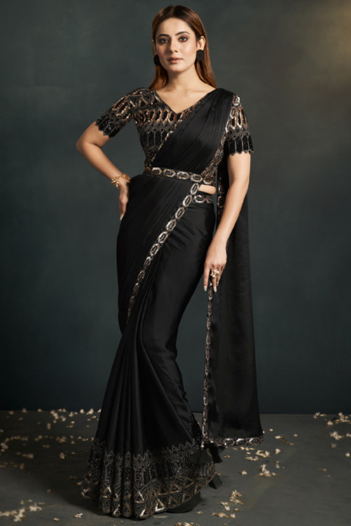 Black Satin Silk Lace Embroidered Fancy Saree
