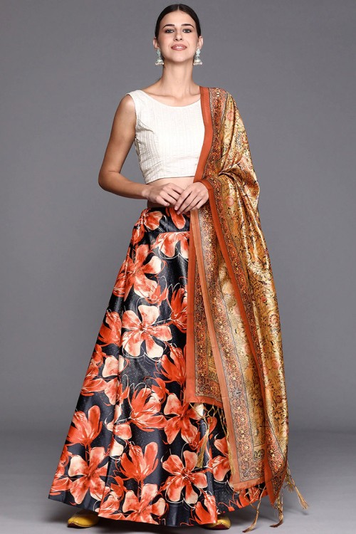Black Satin Silk Printed A-Line Style Lehenga 