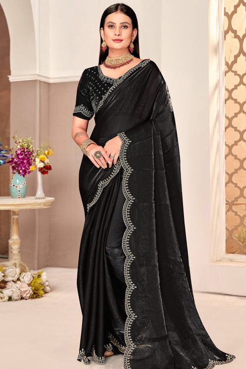 Black Satin Silk Stone Embellished Saree For Festival