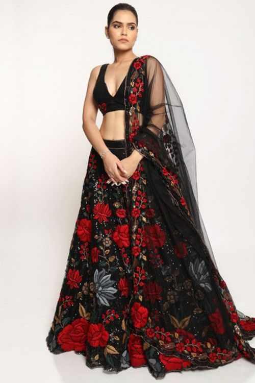 Black Sequins Embroidered Net Party Wear A Line Lehenga