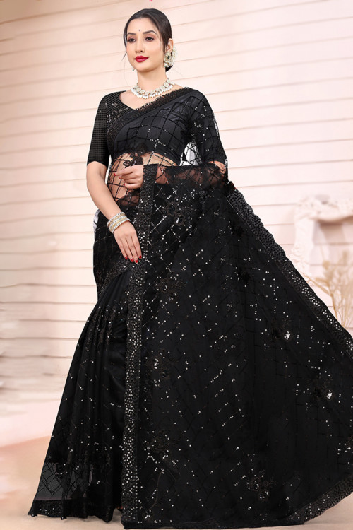 Black Sequins Embroidered Net Sangeet Saree