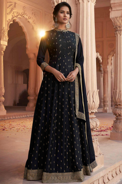 Black Silk Anarkali Suit With Zari Embroidered
