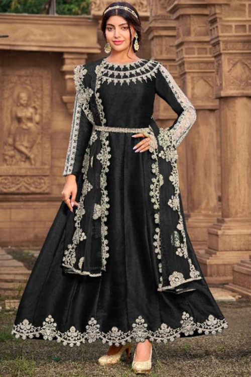 Black Silk Ankle-Length Embroidered Anarkali Suit