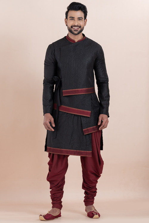 Black Silk Blend Embroidered Men's Kurta With Dhoti Pant