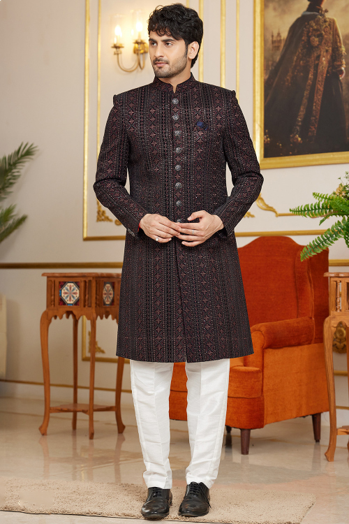 Black Silk Blend Jacket Style Embroidered Men's Sherwani 
