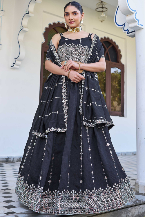 Black Silk Blend Lehenga With Zari Work For Diwali