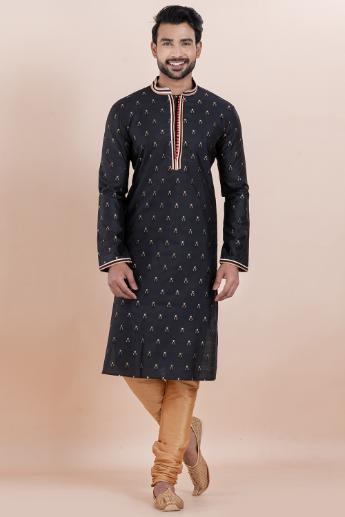 Black Silk Blend Men's Kurta Churidar With Zari Work
