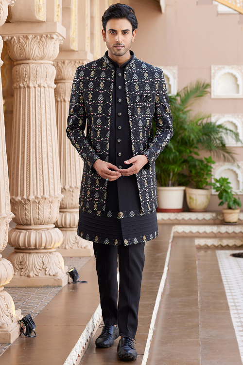 Black Silk Blend Ready to Wear Men's Sherwani With Embroidered Jacket