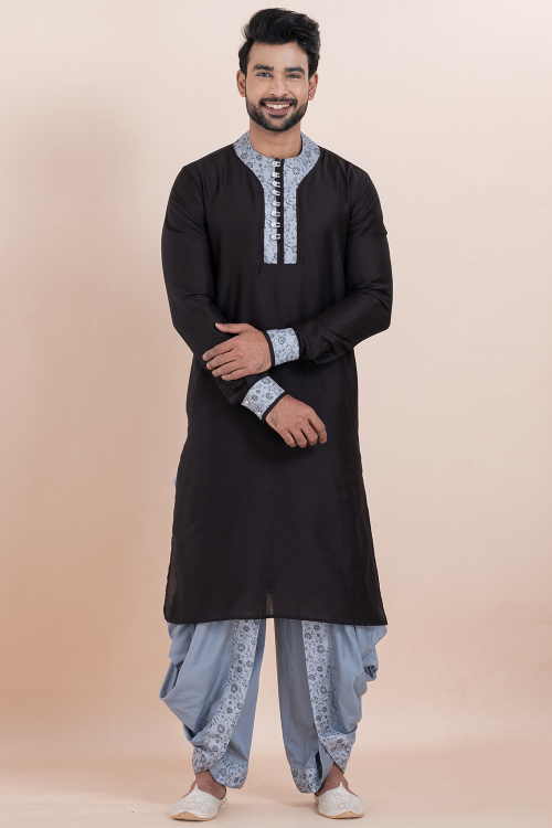 Black Silk Printed Men's Kurta With Dhoti