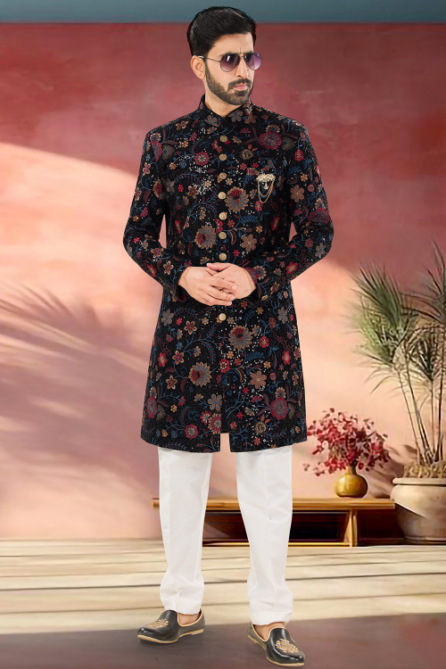 Black Silk Blend Straight Cut Embroidered Men's Sherwani 
