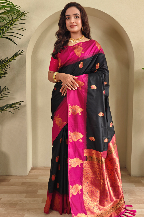Black Silk Blend Weaved Broad Border Saree For Festival