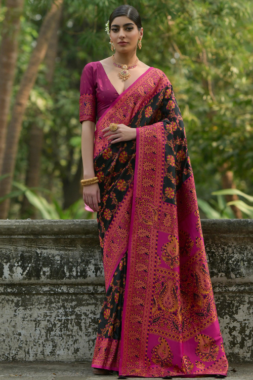Black Silk Blend Weaved Broad Border Saree 
