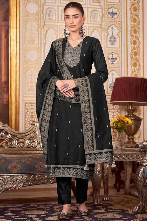 Black Silk Blend Ready to Wear Weaved Trouser Suit For Festival