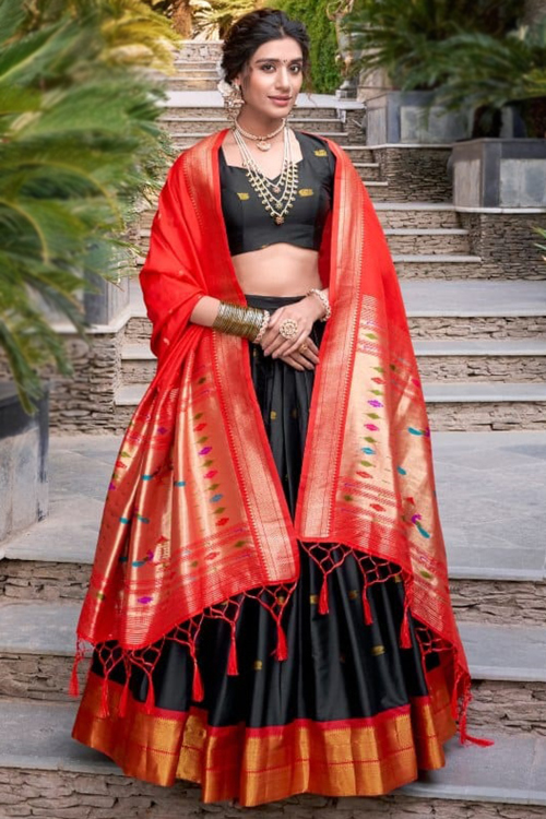 Black Silk Blend Weaved Zari Lehenga For Festival