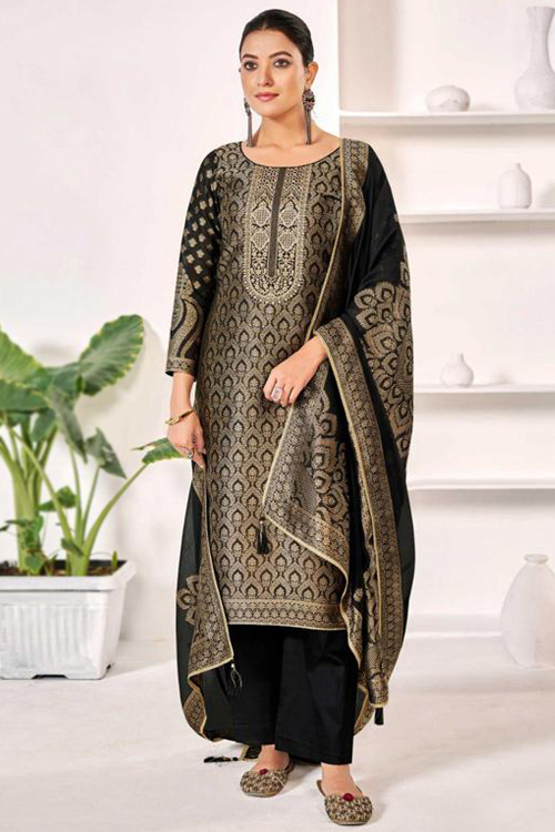 Black Silk Blend Woven Zari Straight Pant Suit