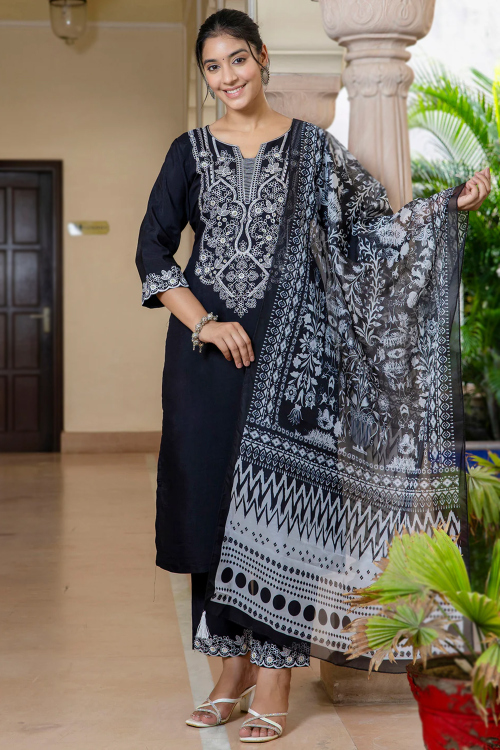 Black Silk Dori Embroidered Ready Made Straight Cut Trouser Suit