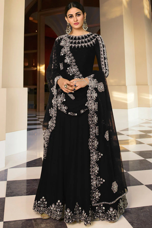 Black Georgette Stone Work Anarkali with Dupatta for Eid