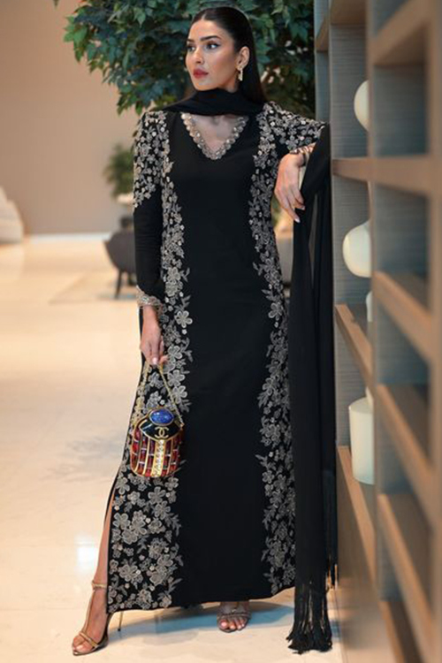 Black Silk Embroidered Indo-Western Suit With Churidar
