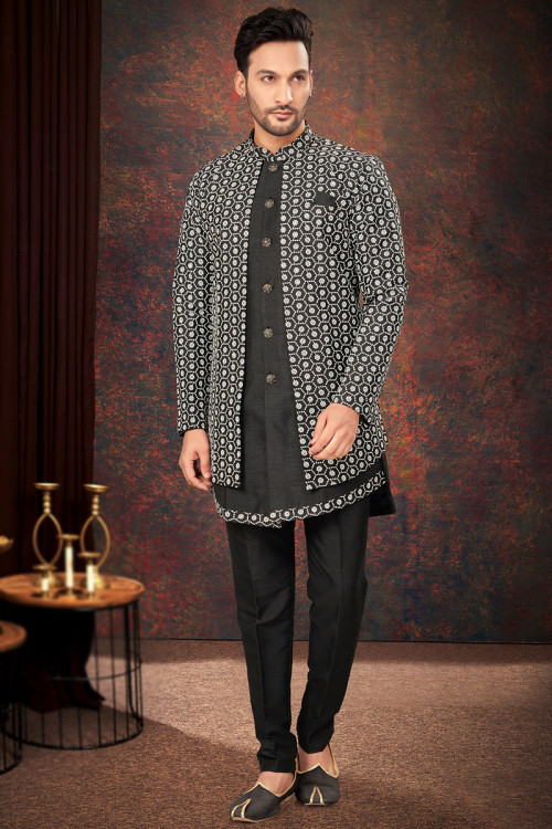 Black Silk Embroidered Jacket Style Men's Sherwani For Sangeet 