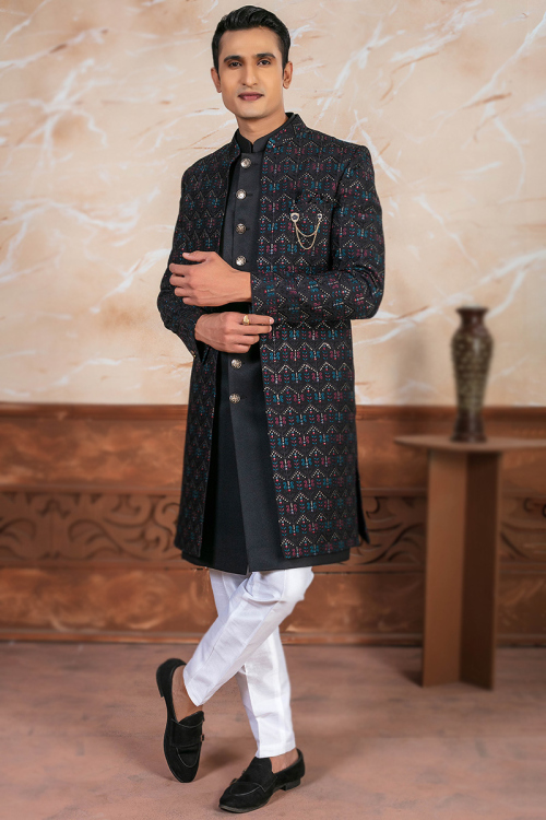 Black Silk Sherwani Jacket with Resham & Sequins Work
