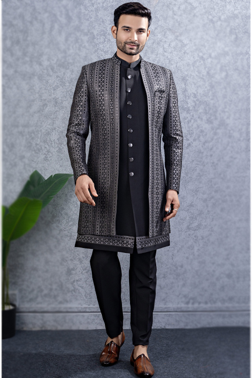 Black Silk Embroidered Men's Kurta Pajama With Jacket