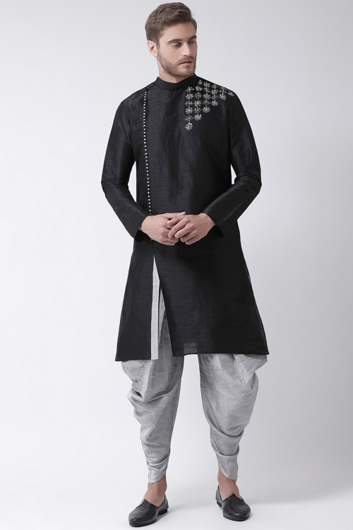 Black Silk Kurta Dhoti Set with Zari & Beads Embroidery