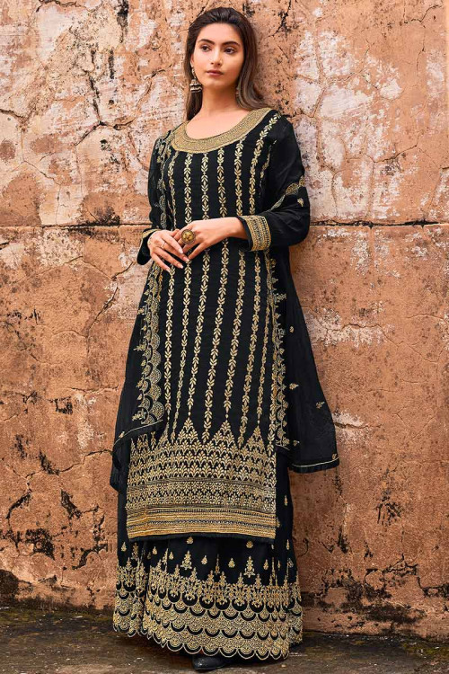 Black Silk Embroidered Pakistani Sharara Suit