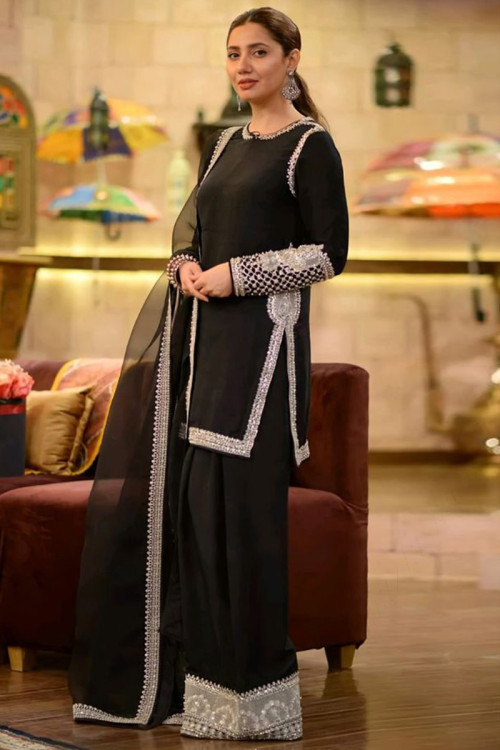 Silk Black Party Wear Sharara Suit with Zari embroidery