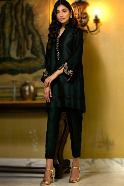 Party Wear Zari Embroidered Trouser Suit in Silk Black