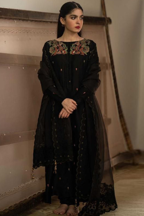 Black Silk Embroidered Party Wear Churidar Suit