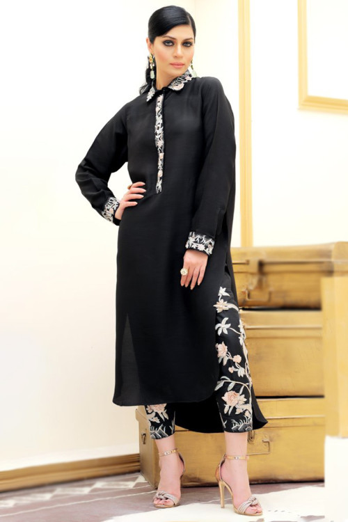 Black Silk Embroidered Party Wear Trouser Suit