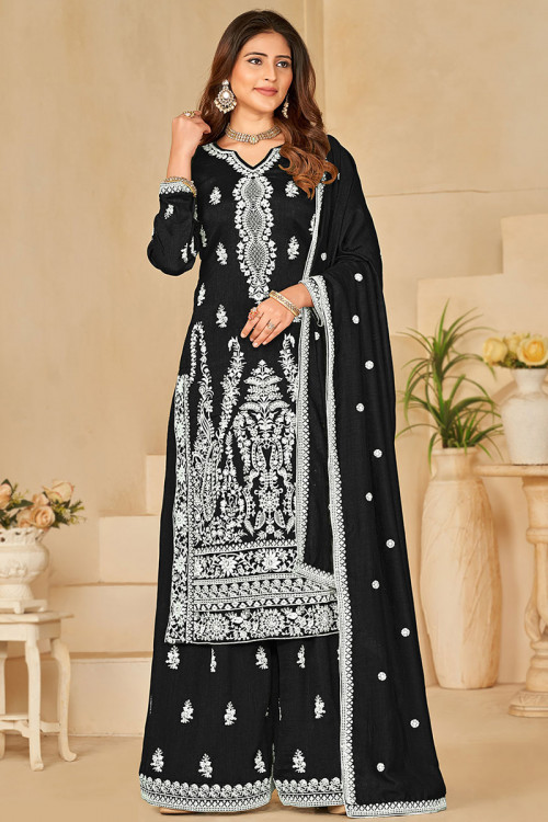 Silk Blend Embroidery Palazzo Pant Suit In Black Colour - SM4452231