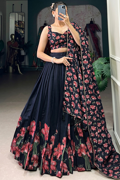 Black Silk Foil Print A Line Lehenga 