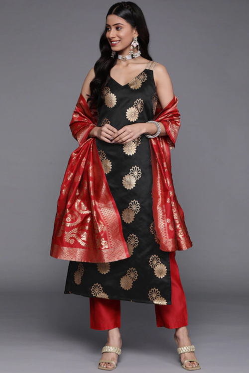 Black Silk Foil Print Trouser Suit