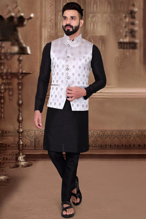 Black Silk Men Kurta With Woven Jacket