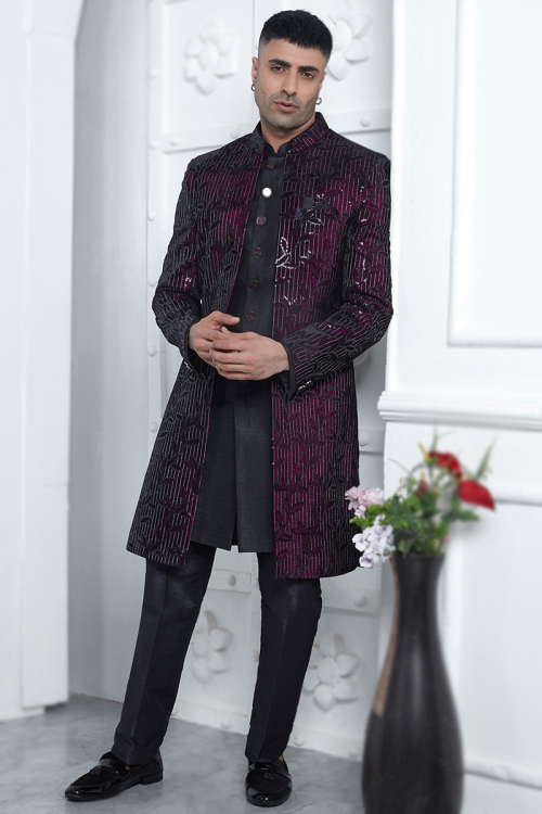 Black Silk Men's Sherwani With Maroon Embroidered Jacket 