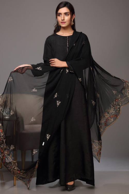 Black Silk Plain Abhaya Style Pakistani Anarkali Suit