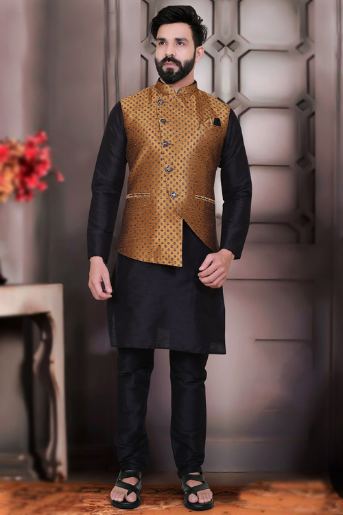 Black Traditional Party Wear Men Shalwar Kameez With Waistcoat in Silk