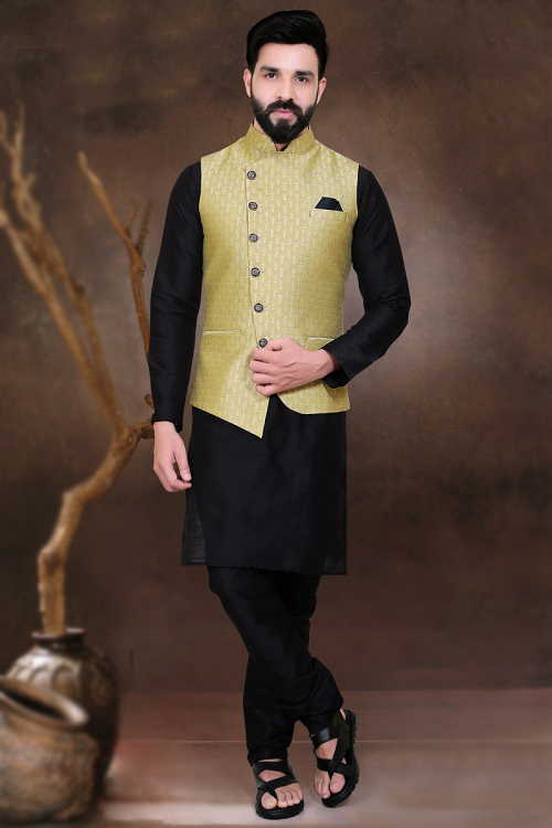 Wedding Wear Pure Black Silk Kurta Pajama with Brocade Jacket