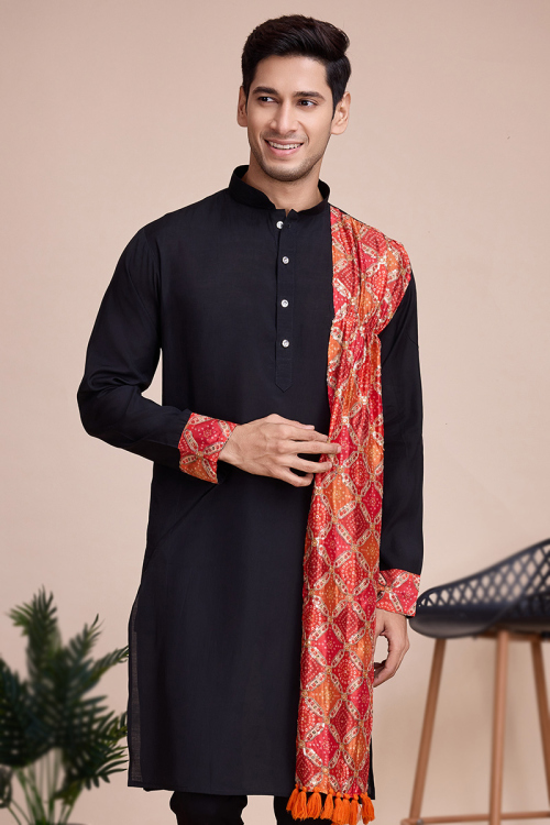 Black Silk Printed Straight Cut Men's Kurta