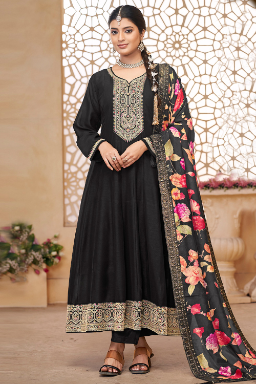 Black Silk Silk Blend Embroidered Anatrkali Trouser Suit 