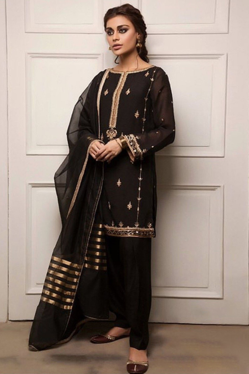 Black Silk Straight Cut Patiala Suit