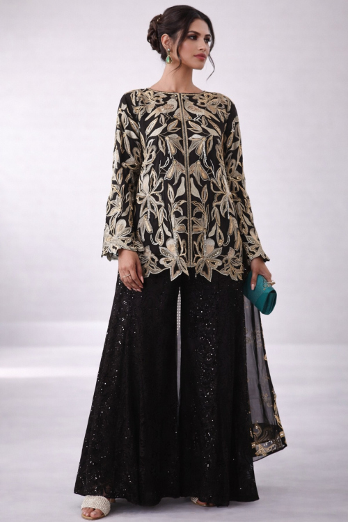 Black Silk Trouser Suit with Zari Work for Wedding & Party