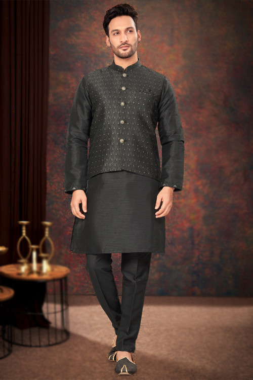 Black Silk Weaved Zari Waist Coat Style Men's Kurta Pajama 