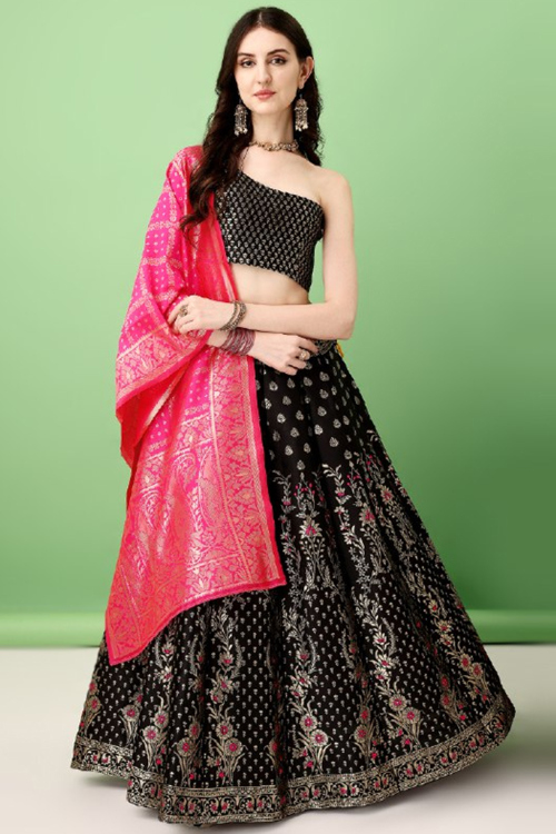Black Silk Embroidered Lehenga with Pink Zari Dupatta