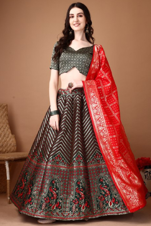 Black Silk Woven Zari Panelled Style Lehenga